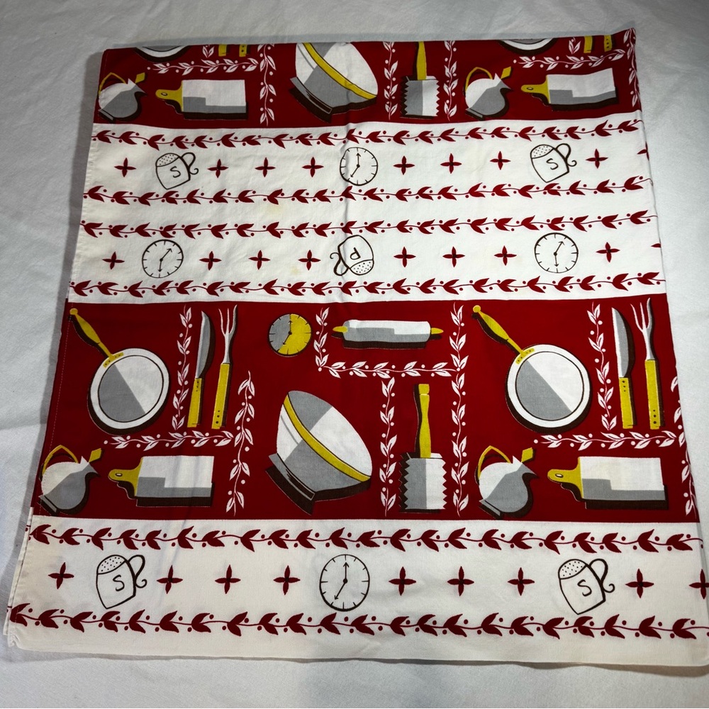 MCM 1950s 48x48 Calaprint Tablecloth Kitchen Gadget Motif Red, White, &Yellow